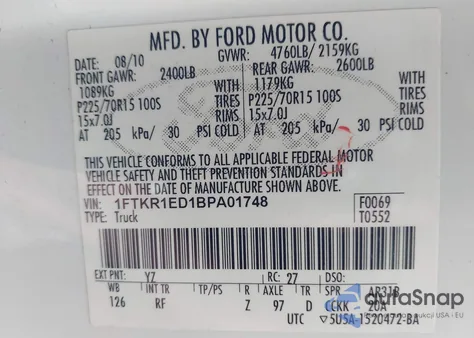 2011 Ford Ranger Xl from USA, damaged, VIN 1FTKR1ED1BPA01748